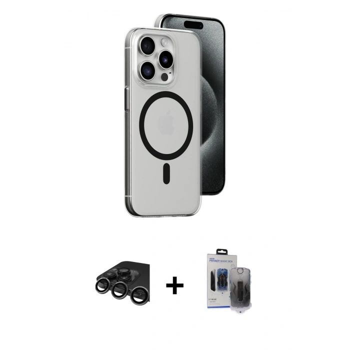 MARSİLYAN™- iPhone 15 Pro Max Kılıf Odak Form Özel Seri - Siyah Vanessa Magic Hayalet Cam + Raze Metal Kamera Lens - TMGI