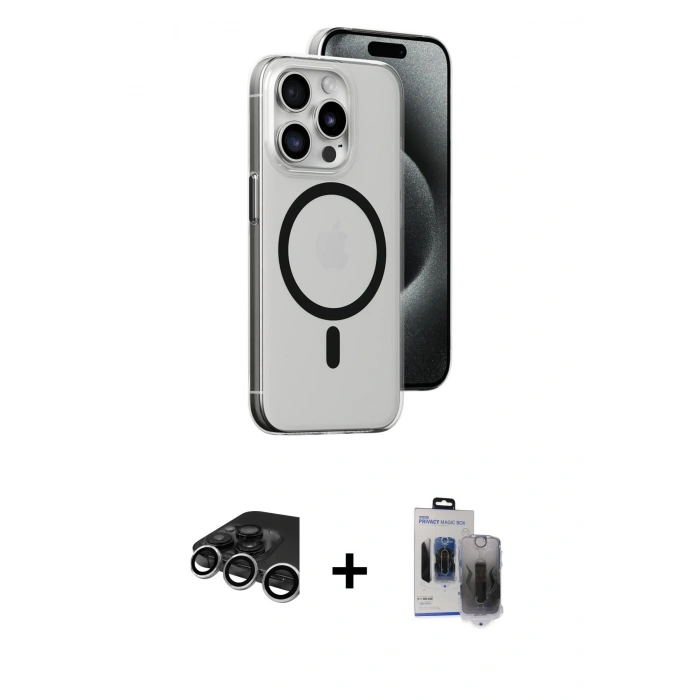 MARSİLYAN™- iPhone 15 Pro Max Kılıf Odak Form Özel Seri - Siyah Vanessa Magic Hayalet Cam + Raze Metal Kamera Lens - GS