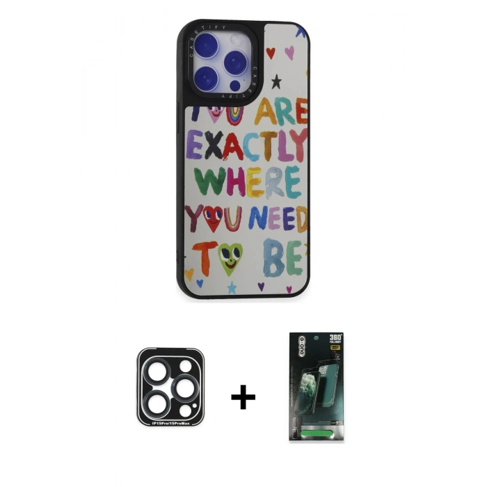MARSİLYAN™- iPhone 15 Pro Max Kılıf Odak Klasik Serisi - Şeffaf 360 Full Body Arka Koruyucu + PVD Metal Kamera Lens - LT