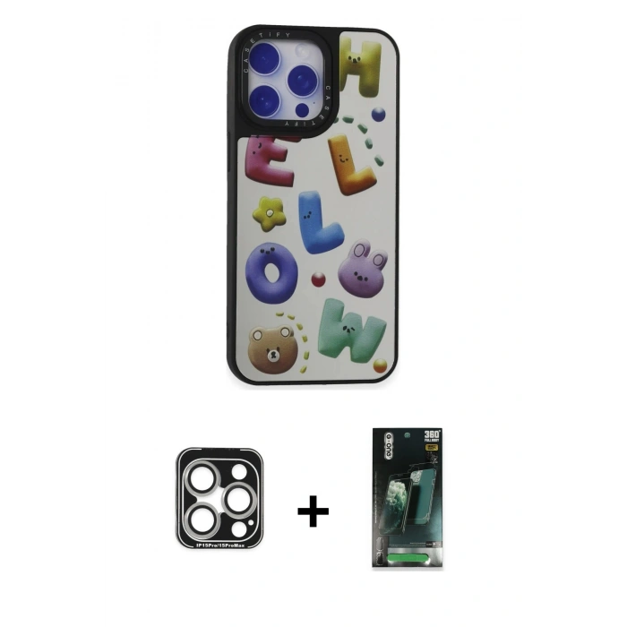 MARSİLYAN™- iPhone 15 Pro Max Kılıf Odak Klasik Serisi - Şeffaf 360 Full Body Arka Koruyucu + PVD Metal Kamera Lens - GS