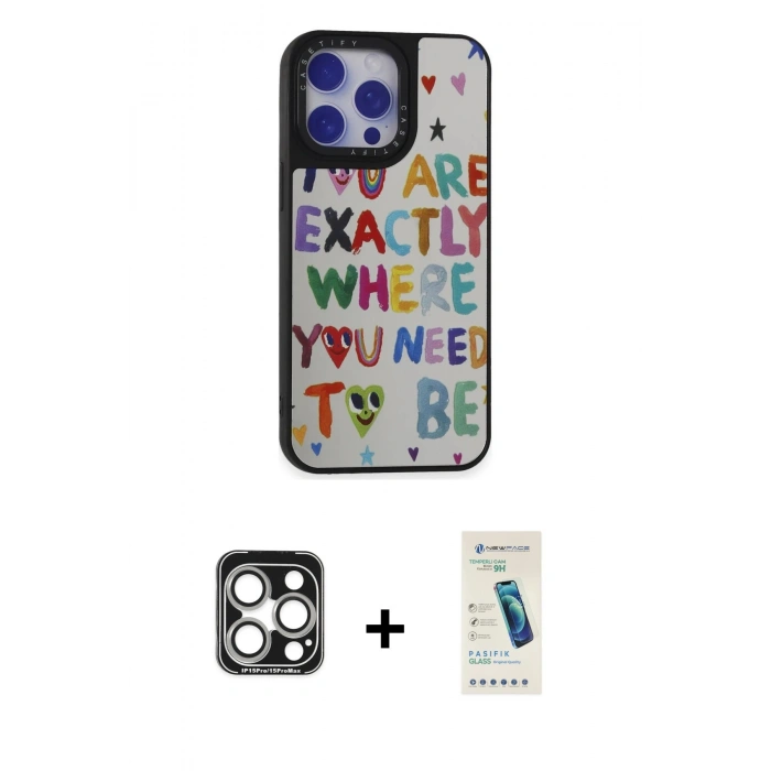 MARSİLYAN™- iPhone 15 Pro Max Kılıf Odak Klasik Serisi - Şeffaf Pasifik Cam Ekran Koruyucu + PVD Metal Kamera Lens - GS