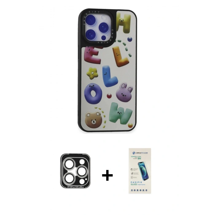 MARSİLYAN™- iPhone 15 Pro Max Kılıf Odak Klasik Serisi - Şeffaf Pasifik Cam Ekran Koruyucu + PVD Metal Kamera Lens - GS