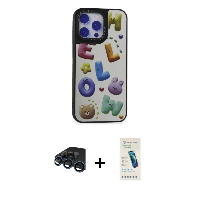 MARSİLYAN™- iPhone 15 Pro Max Kılıf Odak Klasik Serisi - Şeffaf Pasifik Cam Ekran Koruyucu + Lacivert Raze Metal Kamera Lens