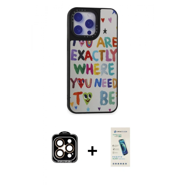 MARSİLYAN™- iPhone 15 Pro Max Kılıf Odak Klasik Serisi - Şeffaf Pasifik Cam Ekran Koruyucu + Turuncu PVD Metal Kamera Lens