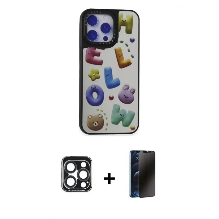 MARSİLYAN™- iPhone 15 Pro Max Kılıf Odak Klasik Serisi - Siyah 3D Antistatik Hayalet Cam Ekran Koruyucu + PVD Metal Kamera Lens - LT