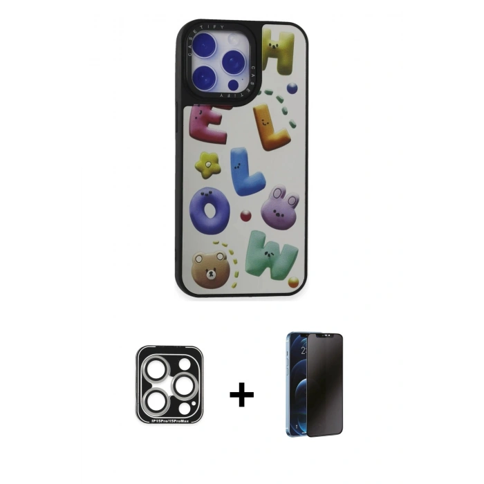MARSİLYAN™- iPhone 15 Pro Max Kılıf Odak Klasik Serisi - Siyah 3D Antistatik Hayalet Cam Ekran Koruyucu + PVD Metal Kamera Lens - GS