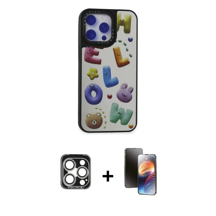 MARSİLYAN™- iPhone 15 Pro Max Kılıf Odak Klasik Serisi - Siyah 3D Antistatik Mat Seramik Nano Ekran Koruyucu + PVD Metal Kamera Lens - GS
