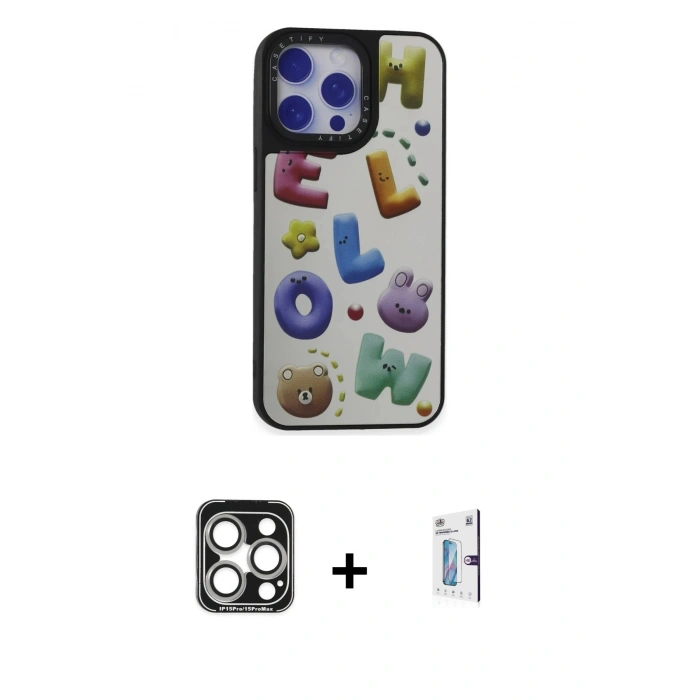 MARSİLYAN™- iPhone 15 Pro Max Kılıf Odak Klasik Serisi - Siyah Bilvis 0.18mm Plus Cam Ekran Koruyucu + PVD Metal Kamera Lens - GS