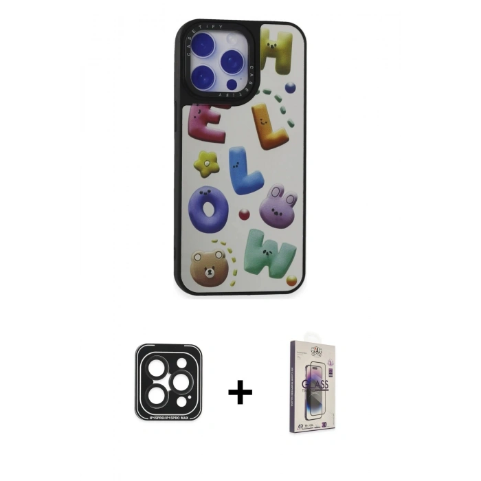 MARSİLYAN™- iPhone 15 Pro Max Kılıf Odak Klasik Serisi - Siyah Bilvis 3D Cam Ekran Koruyucu + PVD Metal Kamera Lens - SH