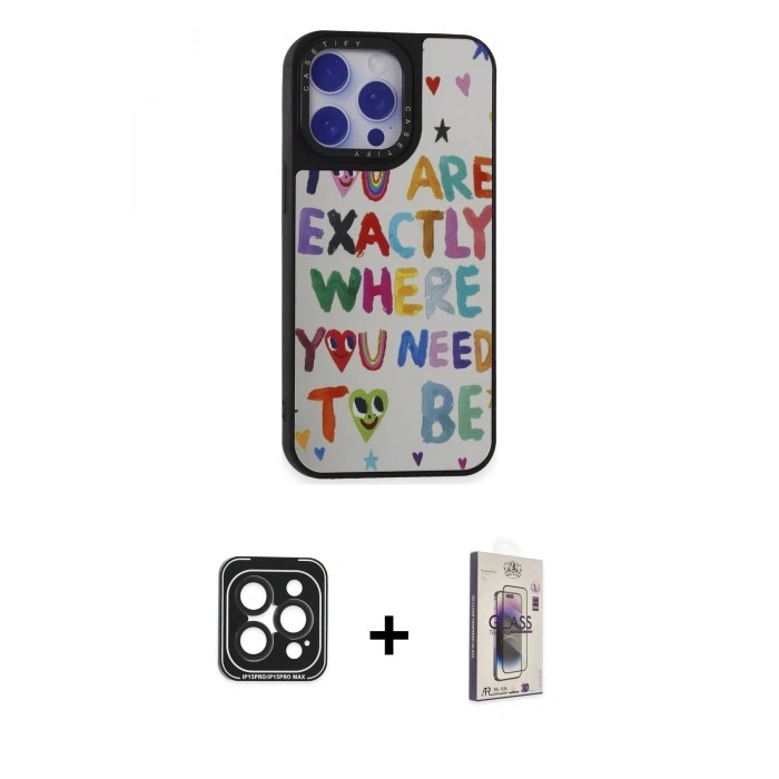 MARSİLYAN™- iPhone 15 Pro Max Kılıf Odak Klasik Serisi - Siyah Bilvis 3D Cam Ekran Koruyucu + PVD Metal Kamera Lens - SH