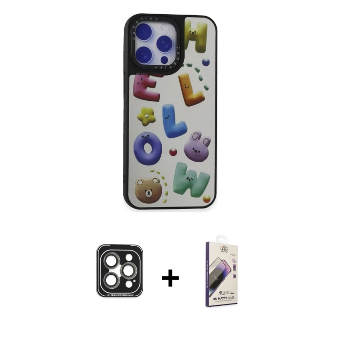MARSİLYAN™- iPhone 15 Pro Max Kılıf Odak Klasik Serisi - Siyah Bilvis 3D Mat Cam Ekran Koruyucu + Gri PVD Metal Kamera Lens