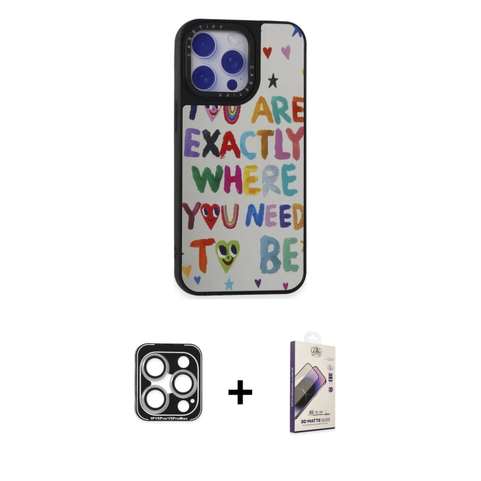 MARSİLYAN™- iPhone 15 Pro Max Kılıf Odak Klasik Serisi - Siyah Bilvis 3D Mat Cam Ekran Koruyucu + PVD Metal Kamera Lens - GS