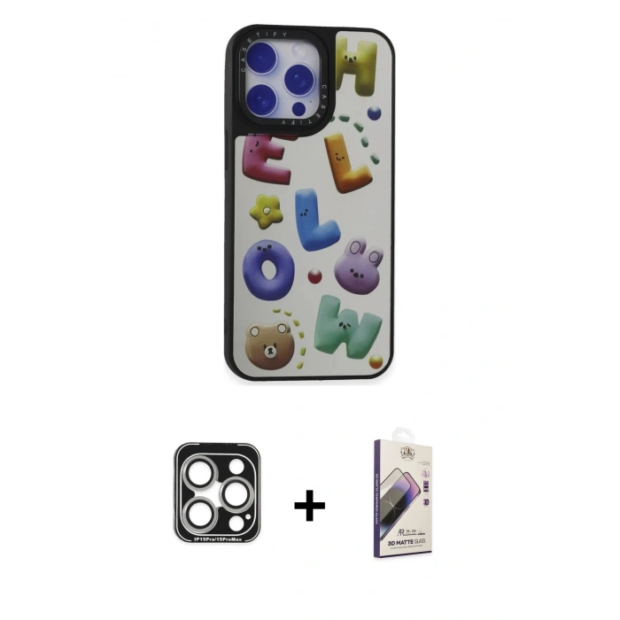 MARSİLYAN™- iPhone 15 Pro Max Kılıf Odak Klasik Serisi - Siyah Bilvis 3D Mat Cam Ekran Koruyucu + PVD Metal Kamera Lens - GS