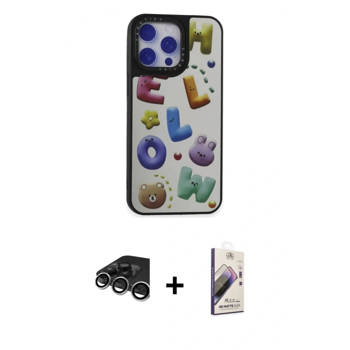 MARSİLYAN™- iPhone 15 Pro Max Kılıf Odak Klasik Serisi - Siyah Bilvis 3D Mat Cam Ekran Koruyucu + Raze Metal Kamera Lens - GS