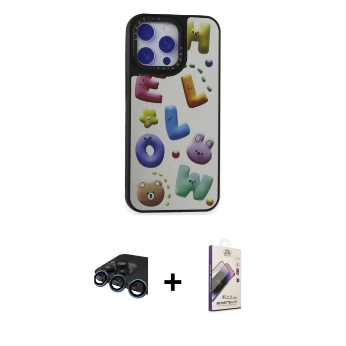 MARSİLYAN™- iPhone 15 Pro Max Kılıf Odak Klasik Serisi - Siyah Bilvis 3D Mat Cam Ekran Koruyucu + Lacivert Raze Metal Kamera Lens