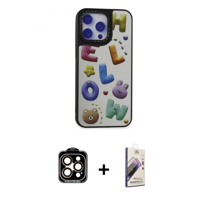 MARSİLYAN™- iPhone 15 Pro Max Kılıf Odak Klasik Serisi - Siyah Bilvis 3D Mat Cam Ekran Koruyucu + Turuncu PVD Metal Kamera Lens