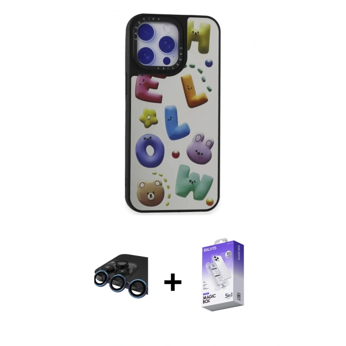 MARSİLYAN™- iPhone 15 Pro Max Kılıf Odak Klasik Serisi - Siyah Bilvis 5in1 3D Magic Cam Ekran Koruyucu + Lacivert Raze Metal Kamera Lens