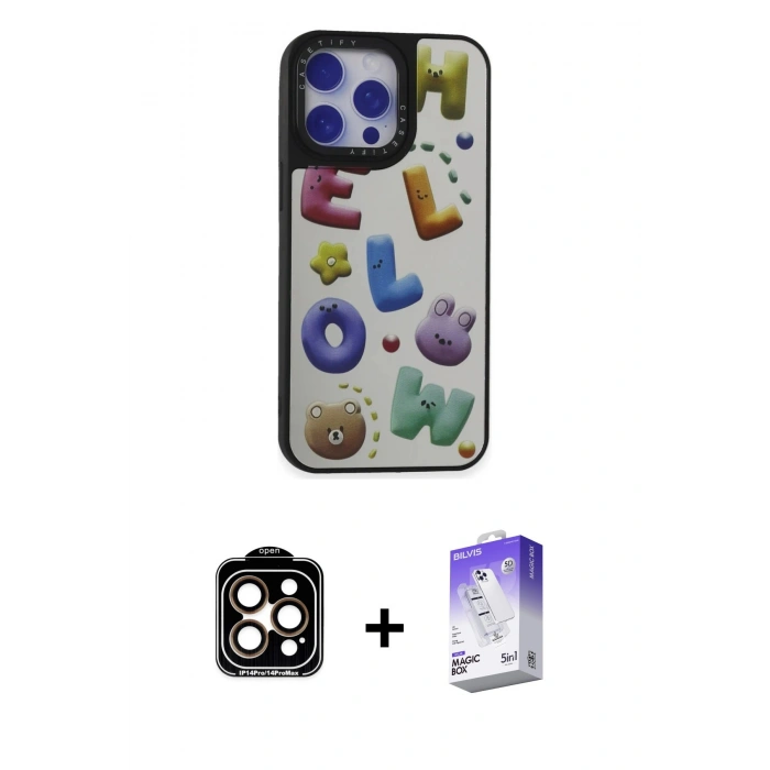 MARSİLYAN™- iPhone 15 Pro Max Kılıf Odak Klasik Serisi - Siyah Bilvis 5in1 3D Magic Cam Ekran Koruyucu + PVD Metal Kamera Lens - TU