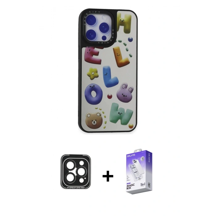 MARSİLYAN™- iPhone 15 Pro Max Kılıf Odak Klasik Serisi - Siyah Bilvis 5in1 3D Magic Cam Ekran Koruyucu + PVD Metal Kamera Lens - SH