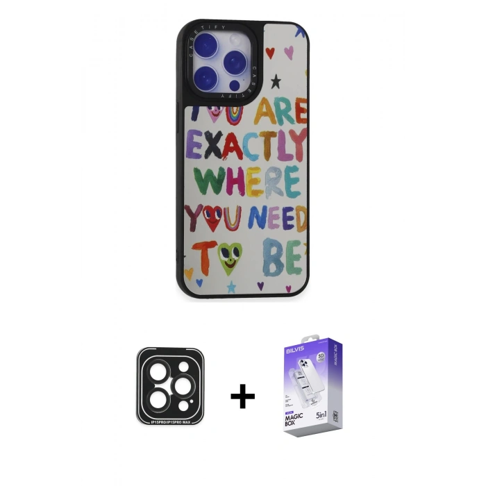 MARSİLYAN™- iPhone 15 Pro Max Kılıf Odak Klasik Serisi - Siyah Bilvis 5in1 3D Magic Cam Ekran Koruyucu + PVD Metal Kamera Lens - SH