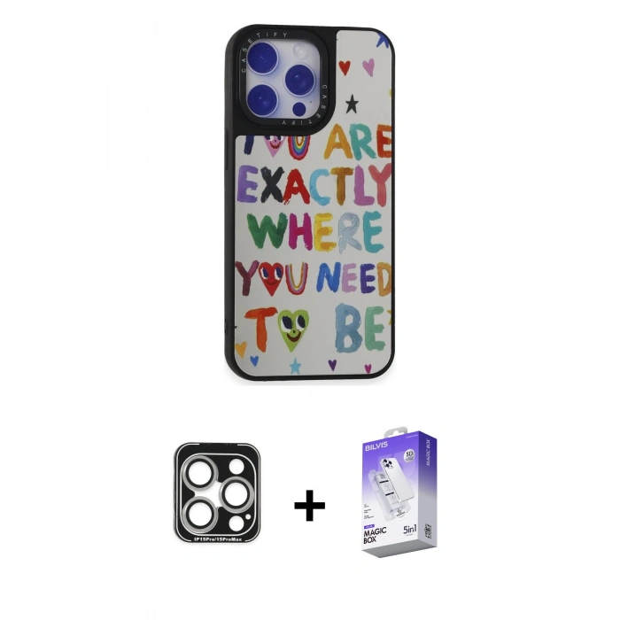 MARSİLYAN™- iPhone 15 Pro Max Kılıf Odak Klasik Serisi - Siyah Bilvis 5in1 3D Magic Cam Ekran Koruyucu + PVD Metal Kamera Lens - GS
