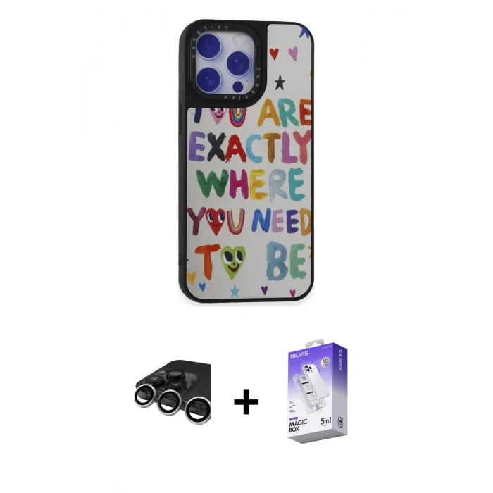 MARSİLYAN™- iPhone 15 Pro Max Kılıf Odak Klasik Serisi - Siyah Bilvis 5in1 3D Magic Cam Ekran Koruyucu + Raze Metal Kamera Lens - GS