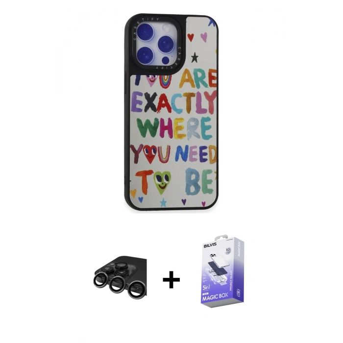 MARSİLYAN™- iPhone 15 Pro Max Kılıf Odak Klasik Serisi - Siyah Bilvis 5in1 5D Magic Hayalet Cam Ekran Koruyucu + Raze Metal Kamera Lens - TMGI