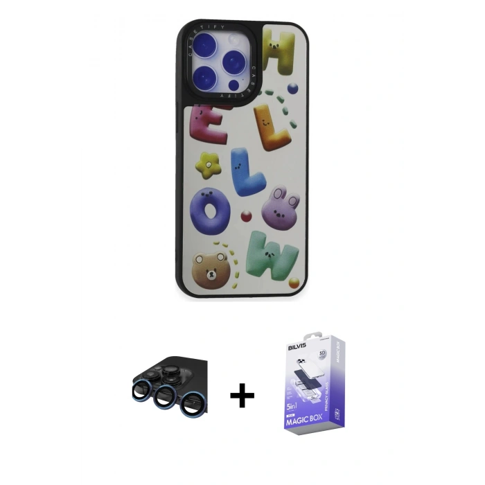 MARSİLYAN™- iPhone 15 Pro Max Kılıf Odak Klasik Serisi - Siyah Bilvis 5in1 5D Magic Hayalet Cam Ekran Koruyucu + Raze Metal Kamera Lens - LT