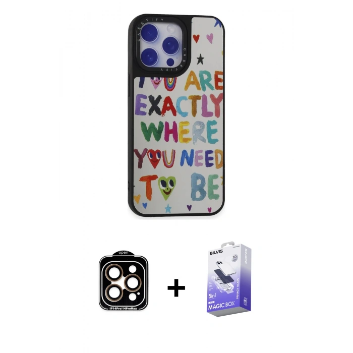MARSİLYAN™- iPhone 15 Pro Max Kılıf Odak Klasik Serisi - Siyah Bilvis 5in1 5D Magic Hayalet Cam Ekran Koruyucu + PVD Metal Kamera Lens - TU