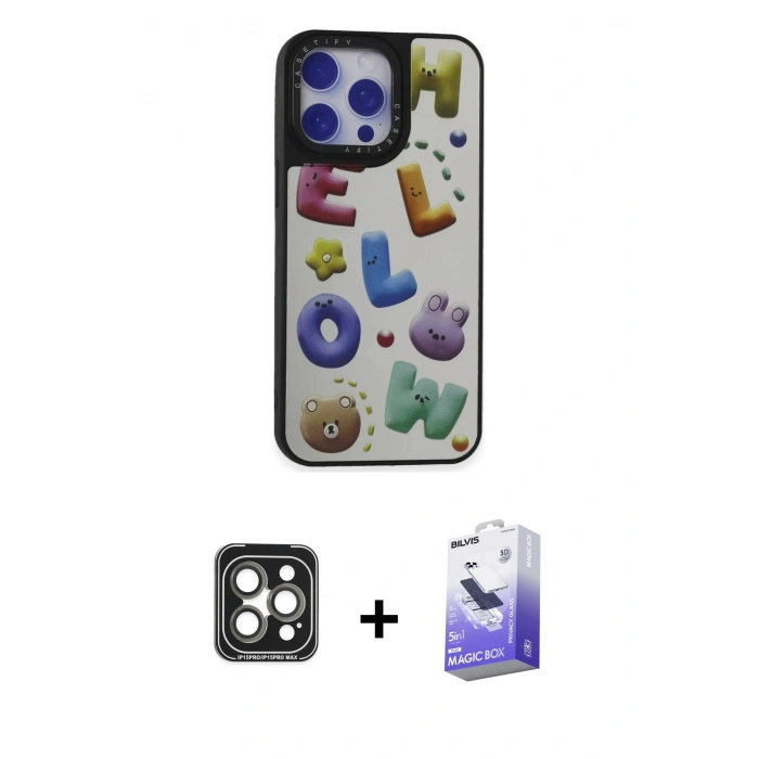 MARSİLYAN™- iPhone 15 Pro Max Kılıf Odak Klasik Serisi - Siyah Bilvis 5in1 5D Magic Hayalet Cam Ekran Koruyucu + PVD Metal Kamera Lens - GI