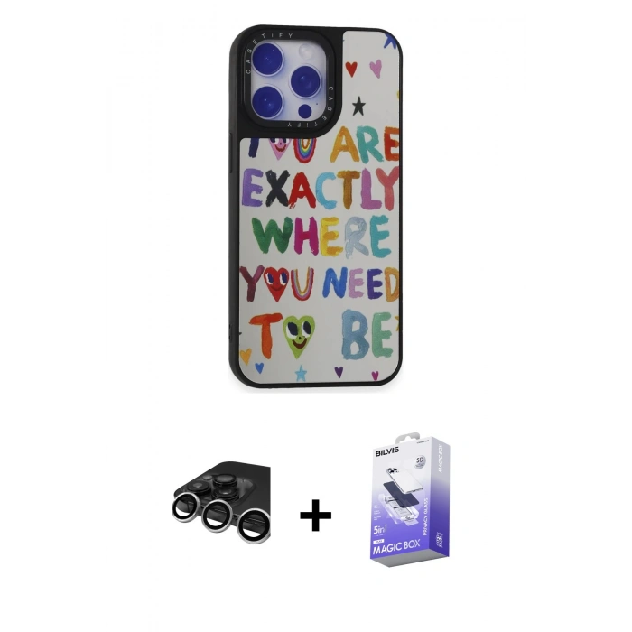 MARSİLYAN™- iPhone 15 Pro Max Kılıf Odak Klasik Serisi - Siyah Bilvis 5in1 5D Magic Hayalet Cam Ekran Koruyucu + Raze Metal Kamera Lens - GS
