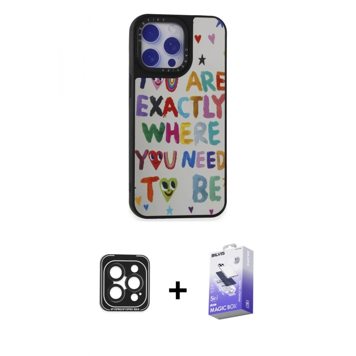 MARSİLYAN™- iPhone 15 Pro Max Kılıf Odak Klasik Serisi - Siyah Bilvis 5in1 5D Magic Hayalet Cam Ekran Koruyucu + Siyah PVD Metal Kamera Lens