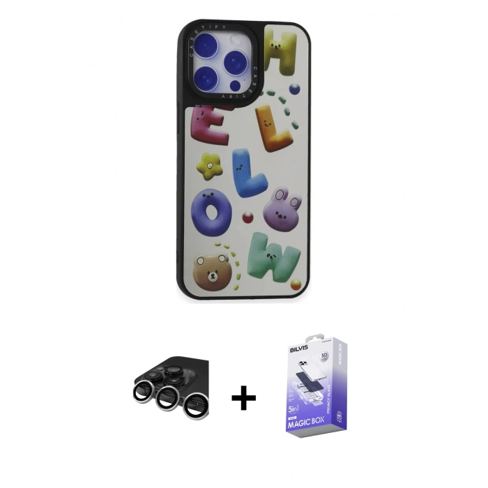 MARSİLYAN™- iPhone 15 Pro Max Kılıf Odak Klasik Serisi - Siyah Bilvis 5in1 5D Magic Hayalet Cam Ekran Koruyucu + Raze Metal Kamera Lens - GS
