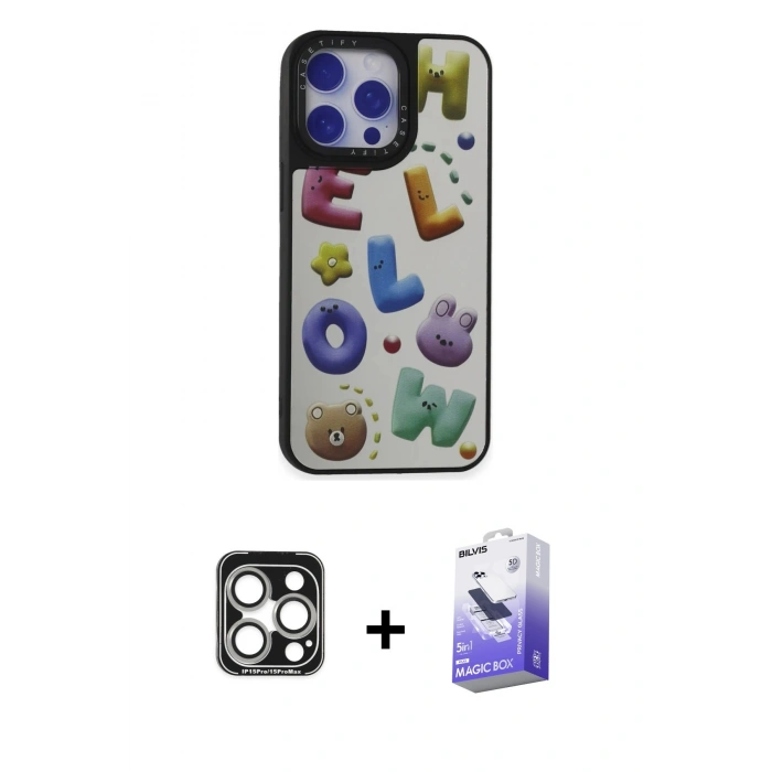 MARSİLYAN™- iPhone 15 Pro Max Kılıf Odak Klasik Serisi - Siyah Bilvis 5in1 5D Magic Hayalet Cam Ekran Koruyucu + PVD Metal Kamera Lens - GS