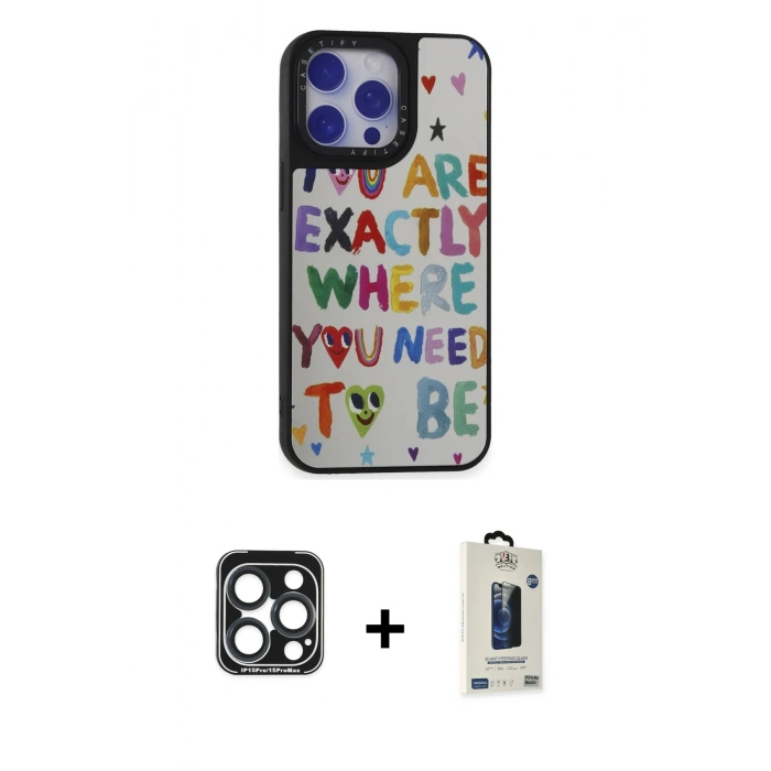 MARSİLYAN™- iPhone 15 Pro Max Kılıf Odak Klasik Serisi - Siyah Bilvis Hayalet Cam Ekran Koruyucu + PVD Metal Kamera Lens - LT
