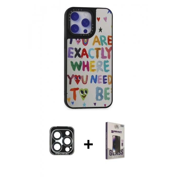 MARSİLYAN™- iPhone 15 Pro Max Kılıf Odak Klasik Serisi - Siyah Bilvis Hayalet Cam Ekran Koruyucu + PVD Metal Kamera Lens - LT