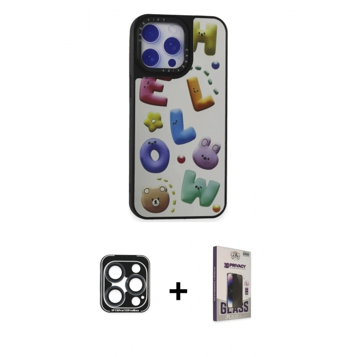 MARSİLYAN™- iPhone 15 Pro Max Kılıf Odak Klasik Serisi - Siyah Bilvis Hayalet Cam Ekran Koruyucu + PVD Metal Kamera Lens - LT