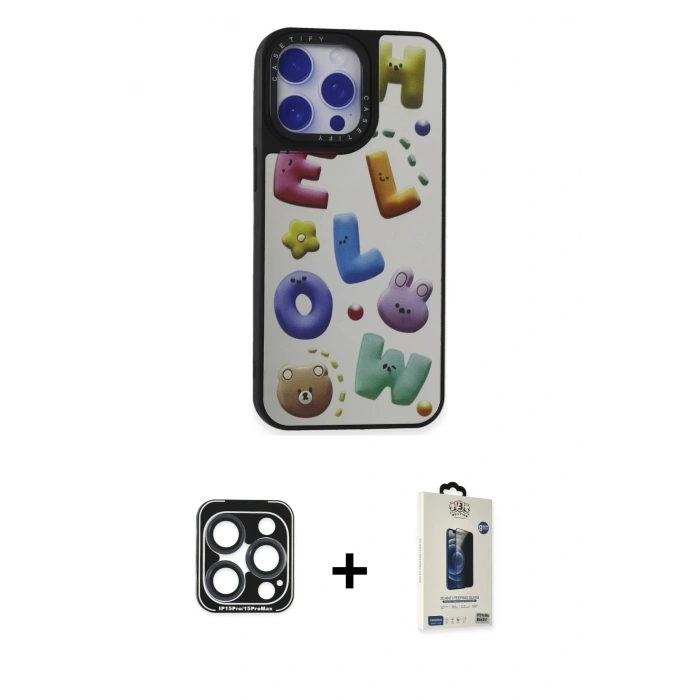 MARSİLYAN™- iPhone 15 Pro Max Kılıf Odak Klasik Serisi - Siyah Bilvis Hayalet Cam Ekran Koruyucu + PVD Metal Kamera Lens - LT