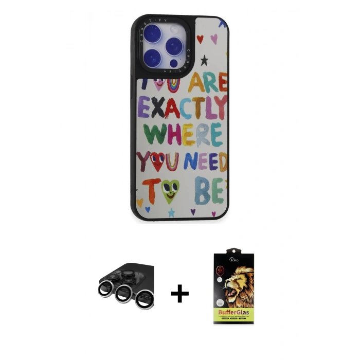 MARSİLYAN™- iPhone 15 Pro Max Kılıf Odak Klasik Serisi - Siyah Buffer Cam Ekran Koruyucu + Raze Metal Kamera Lens - GS