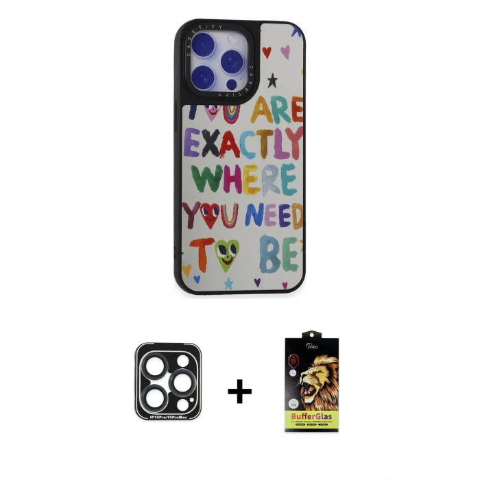 MARSİLYAN™- iPhone 15 Pro Max Kılıf Odak Klasik Serisi - Siyah Buffer Cam Ekran Koruyucu + PVD Metal Kamera Lens - LT