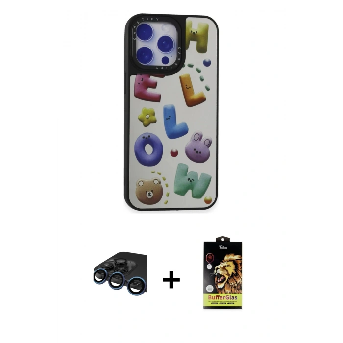 MARSİLYAN™- iPhone 15 Pro Max Kılıf Odak Klasik Serisi - Siyah Buffer Cam Ekran Koruyucu + Raze Metal Kamera Lens - LT