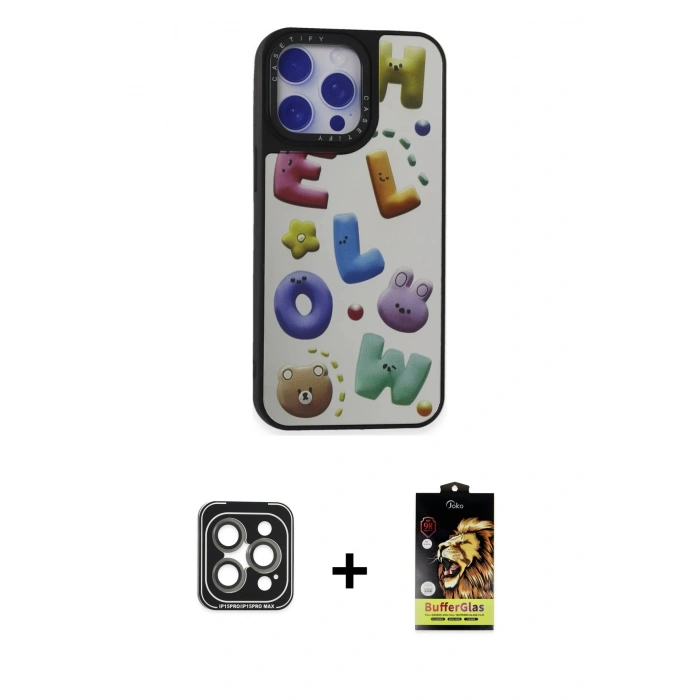 MARSİLYAN™- iPhone 15 Pro Max Kılıf Odak Klasik Serisi - Siyah Buffer Cam Ekran Koruyucu + PVD Metal Kamera Lens - GI