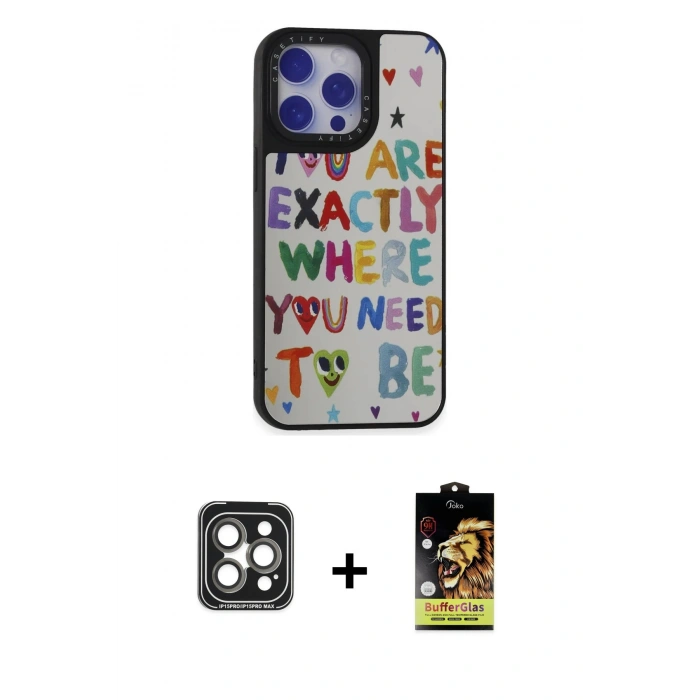 MARSİLYAN™- iPhone 15 Pro Max Kılıf Odak Klasik Serisi - Siyah Buffer Cam Ekran Koruyucu + PVD Metal Kamera Lens - GI
