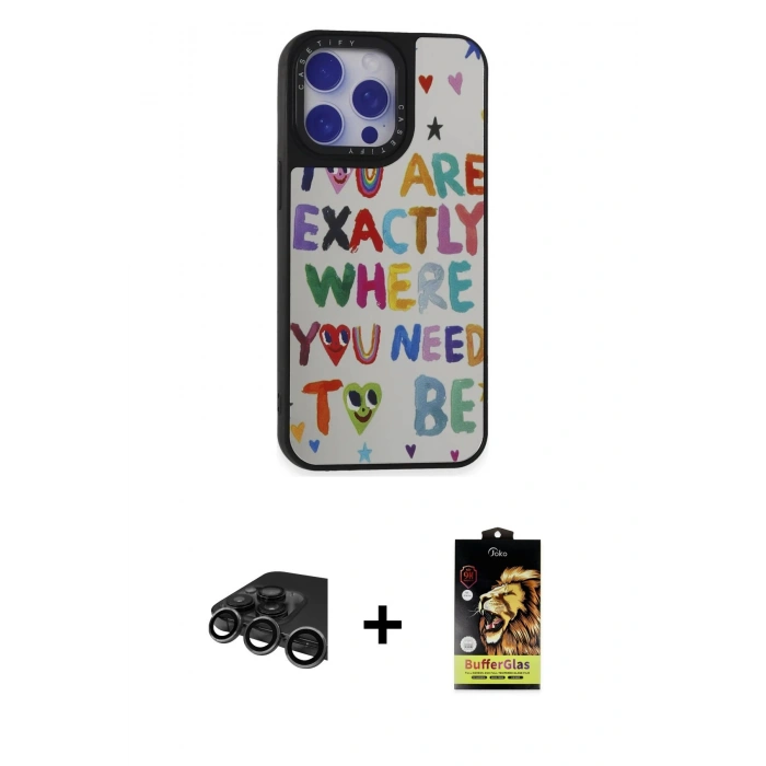 MARSİLYAN™- iPhone 15 Pro Max Kılıf Odak Klasik Serisi - Siyah Buffer Cam Ekran Koruyucu + Raze Metal Kamera Lens - TMGI