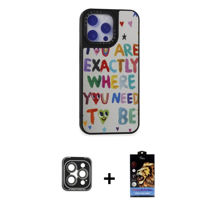 MARSİLYAN™- iPhone 15 Pro Max Kılıf Odak Klasik Serisi - Siyah Buffer Hayalet Cam Ekran Koruyucu + PVD Metal Kamera Lens - GI