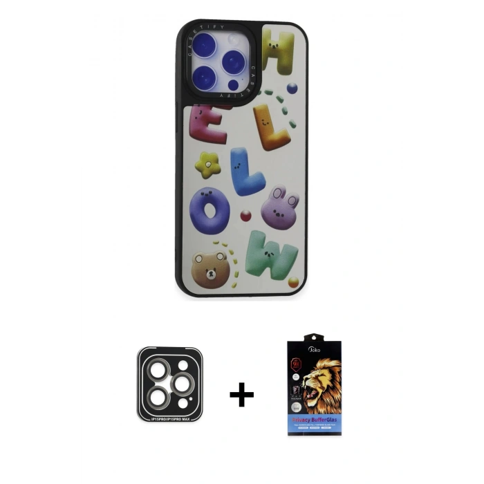 MARSİLYAN™- iPhone 15 Pro Max Kılıf Odak Klasik Serisi - Siyah Buffer Hayalet Cam Ekran Koruyucu + PVD Metal Kamera Lens - GI