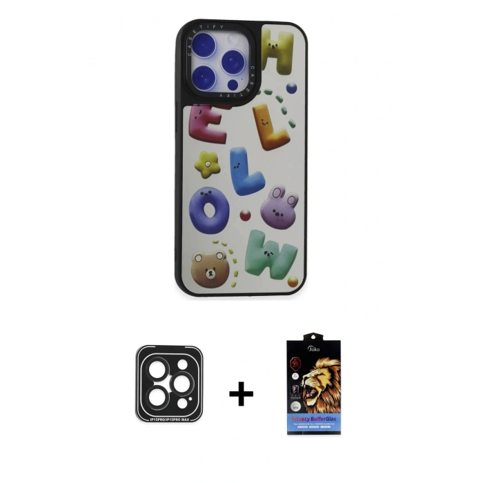 MARSİLYAN™- iPhone 15 Pro Max Kılıf Odak Klasik Serisi - Siyah Buffer Hayalet Cam Ekran Koruyucu + PVD Metal Kamera Lens - SH