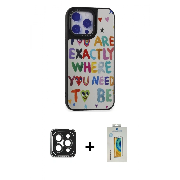 MARSİLYAN™- iPhone 15 Pro Max Kılıf Odak Klasik Serisi - Siyah Polymer Nano Ekran Koruyucu + PVD Metal Kamera Lens - SH