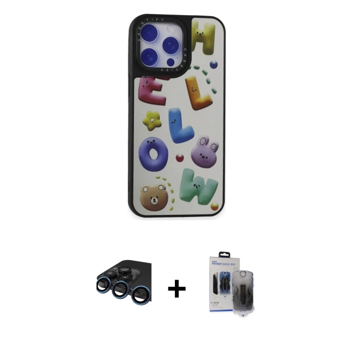 MARSİLYAN™- iPhone 15 Pro Max Kılıf Odak Klasik Serisi - Siyah Vanessa Magic Hayalet Cam + Lacivert Raze Metal Kamera Lens