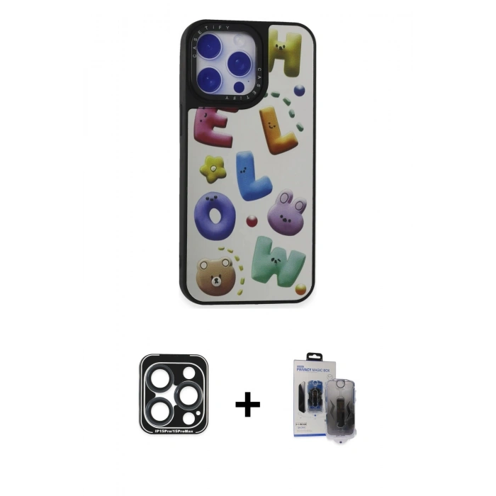 MARSİLYAN™- iPhone 15 Pro Max Kılıf Odak Klasik Serisi - Siyah Vanessa Magic Hayalet Cam + PVD Metal Kamera Lens - LT